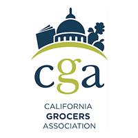 Logo of California Grocers Association with a stylized dome, buildings, trees, and the organization's initials CGA.