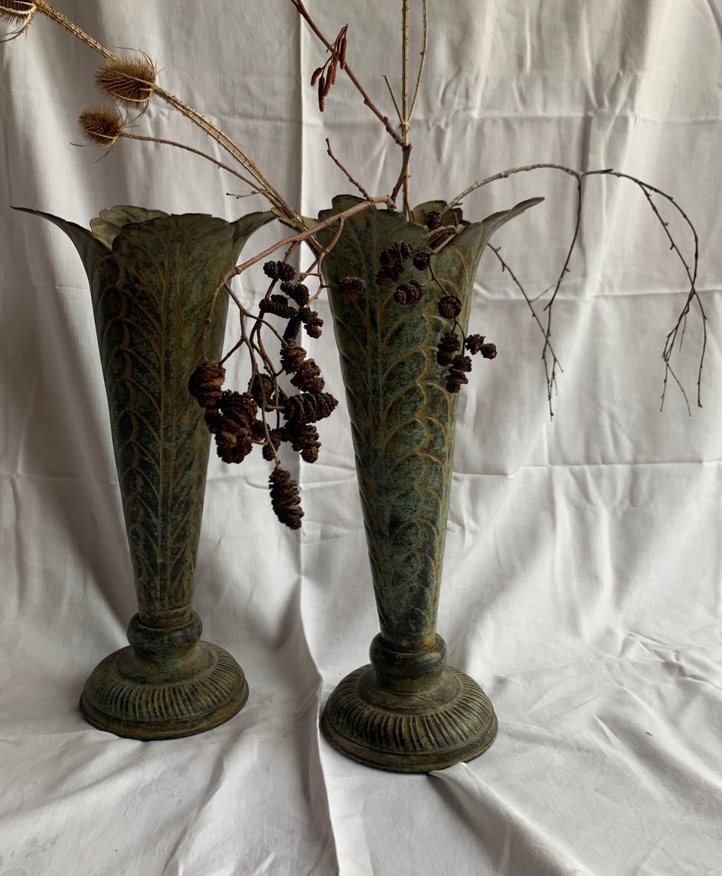 Pair Verdigris metal flower urns