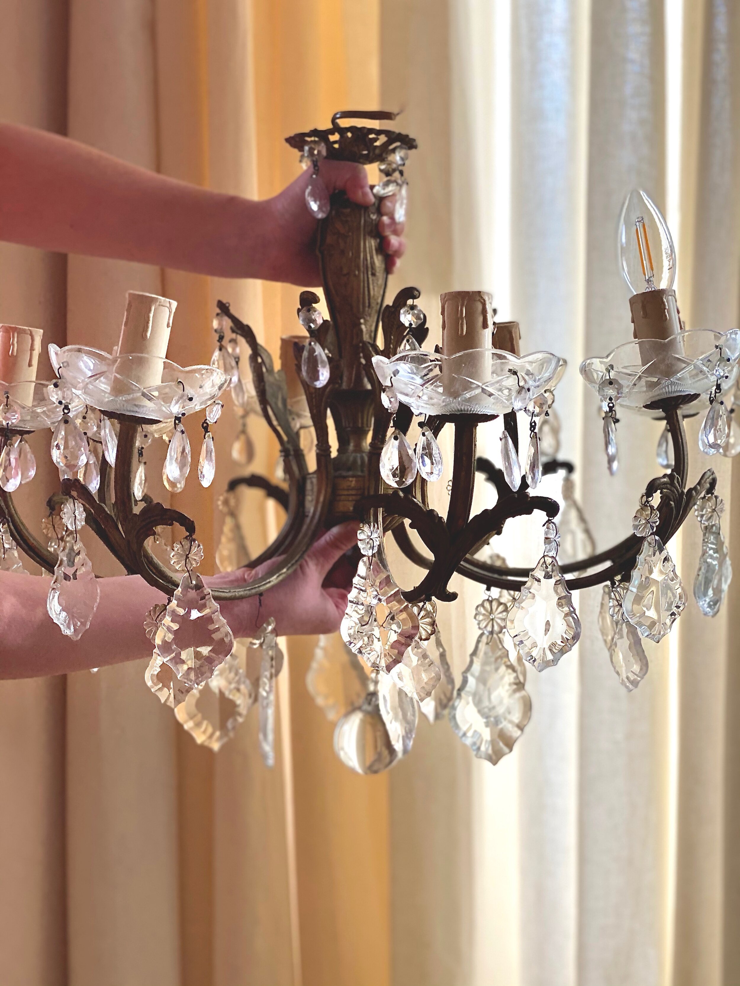 Antique French crystal and brass chandelier