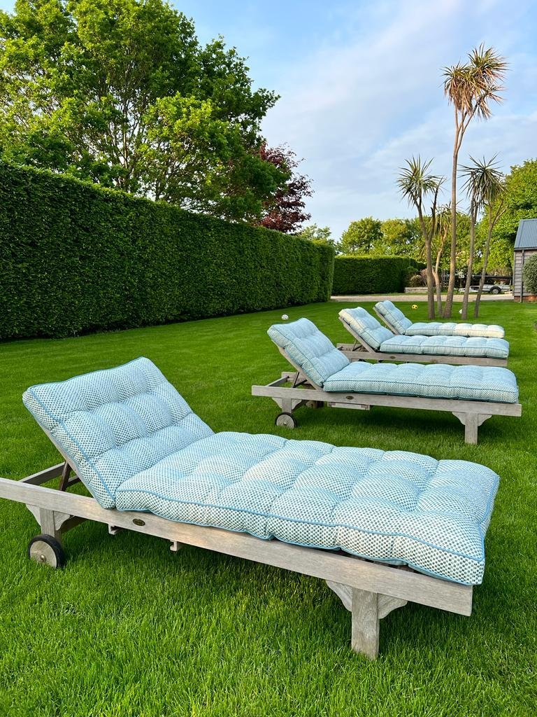 Spencer-Churchill buttoned sun lounger cushions in GP&amp; J Baker Kravet fabric