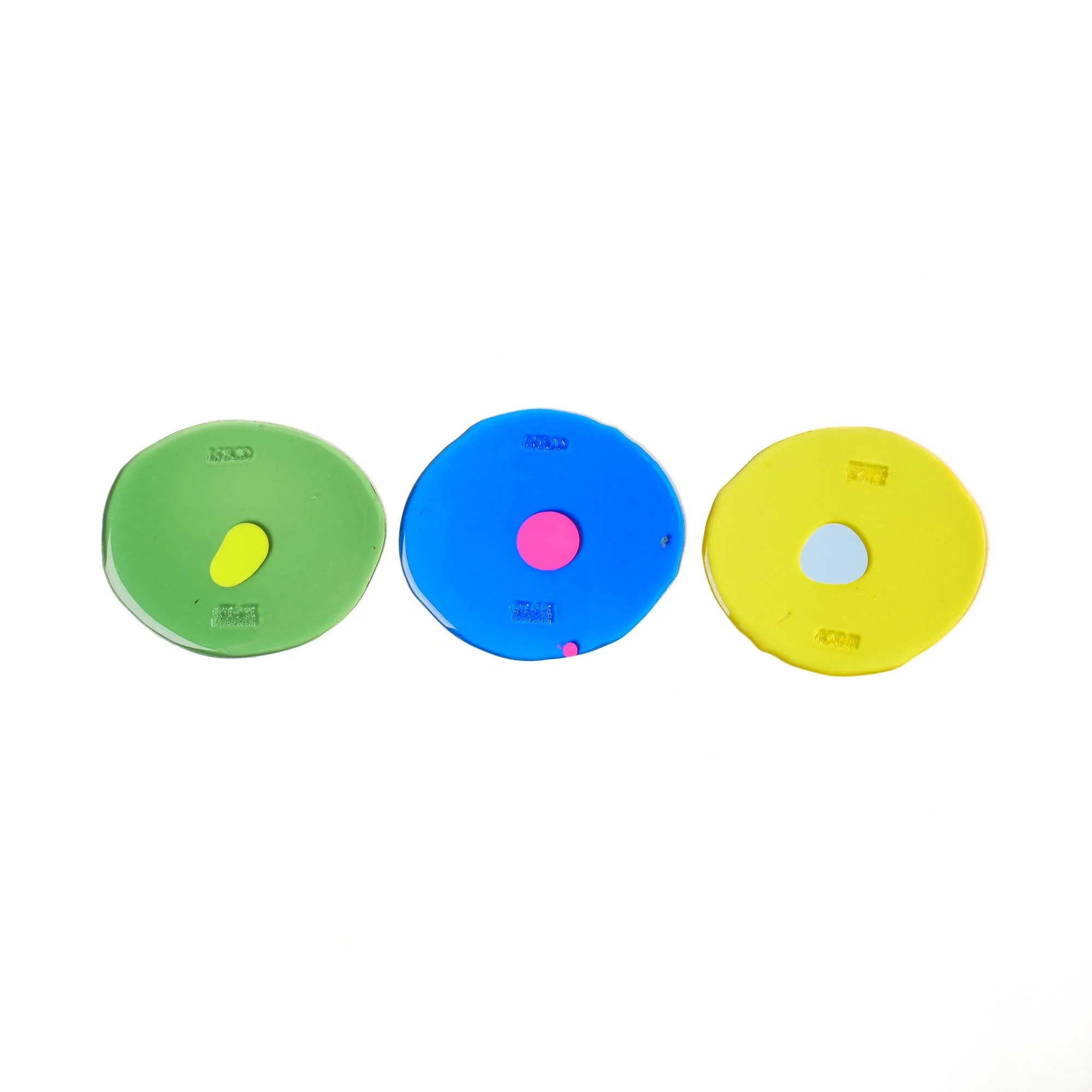 Table-Mates Small Set of Three - Clear Bottle Green, Fluo Yellow, Blue, Fluo Fuchsia, Yellow, Pastel Blue