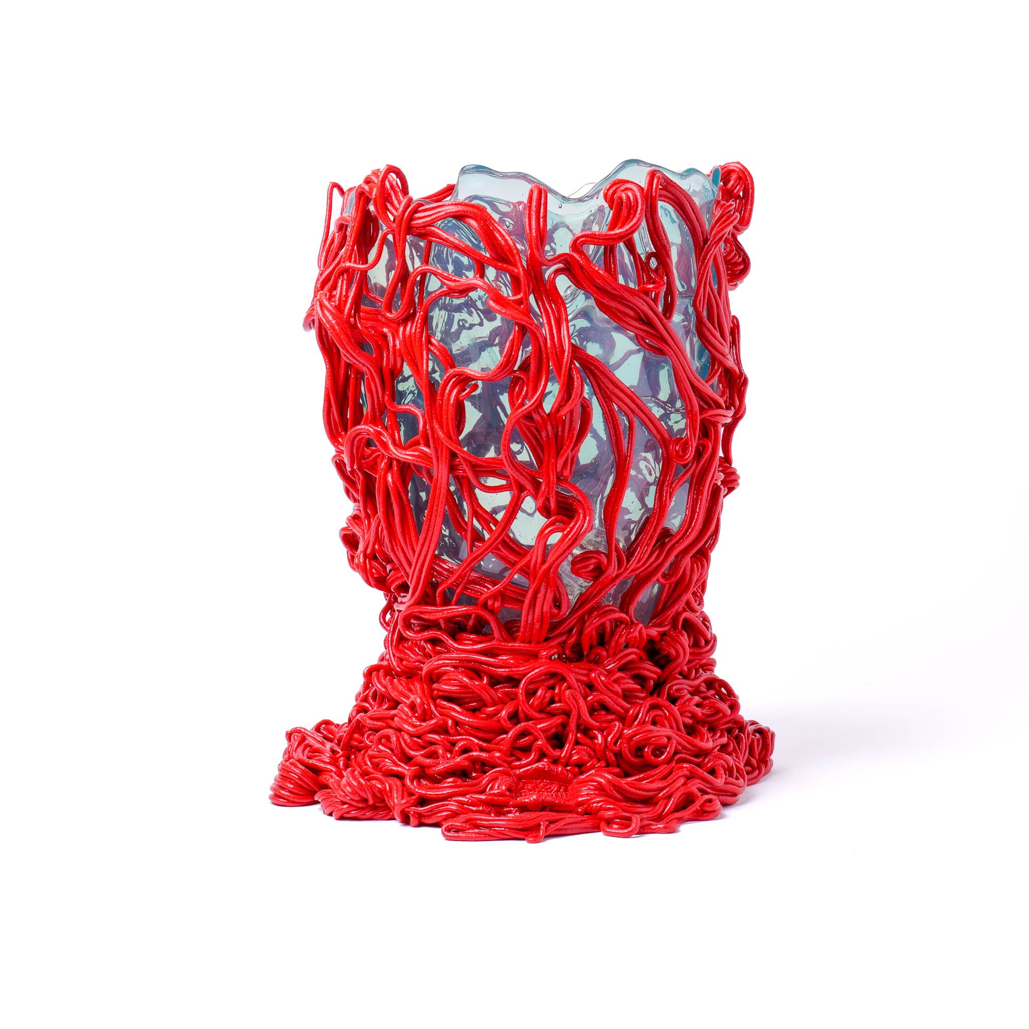 Spaghetti Special Vase L - Clear Aqua, Coral Red