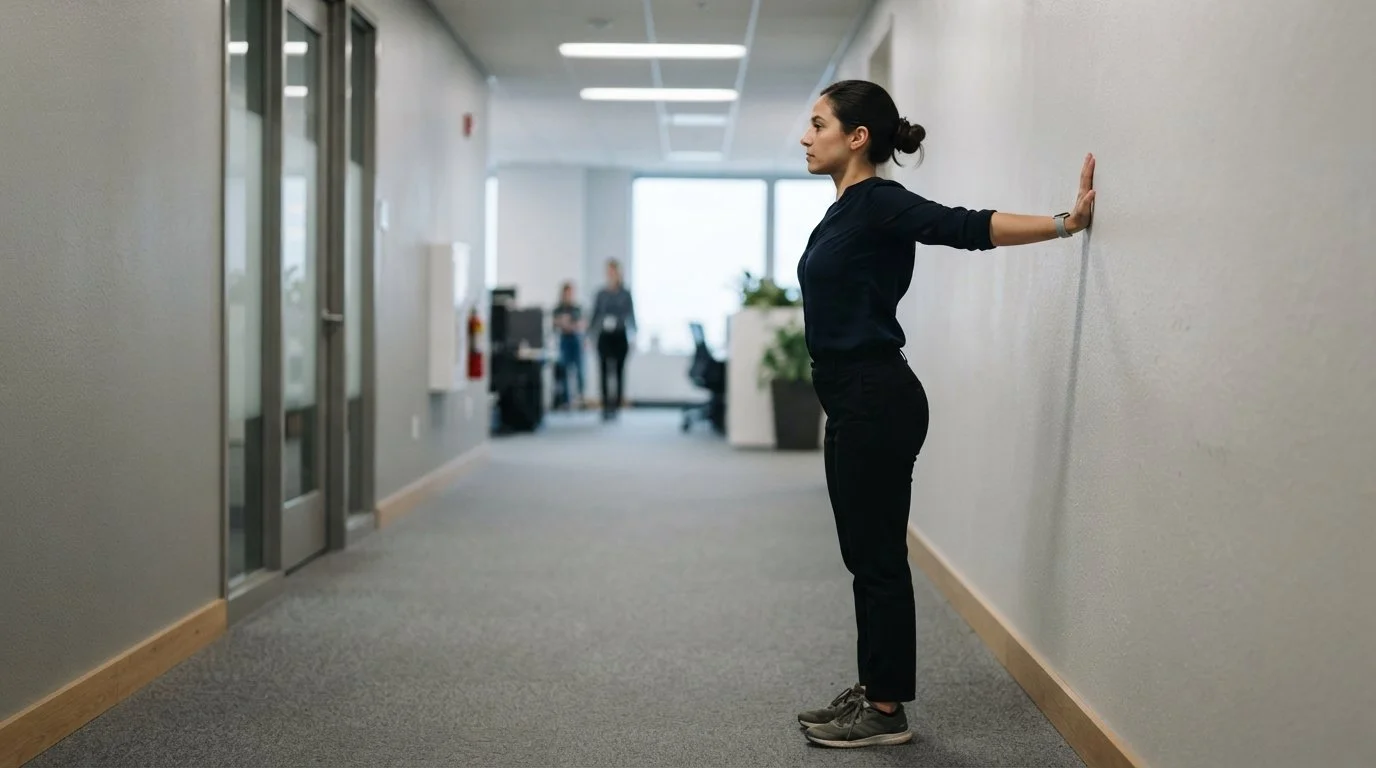A standing employee performs a shoulder-opening wall stretch in a quiet office corridor under cool, even overhead light.