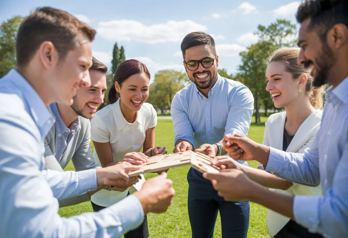A diverse group of colleagues working together outdoors in a park, smiling and collaborating during a team building activity.
