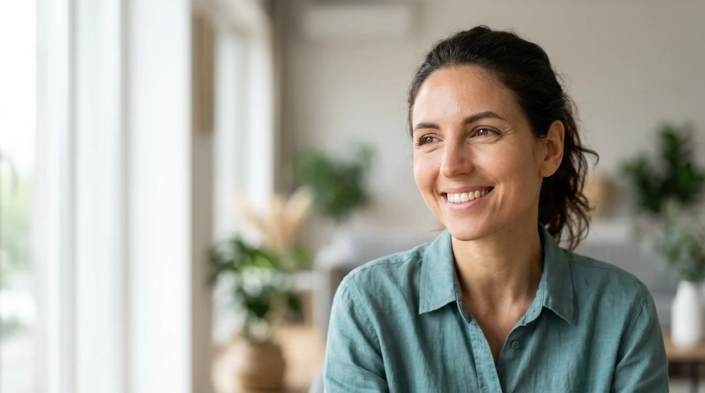 young woman smiling as she stares into the distance