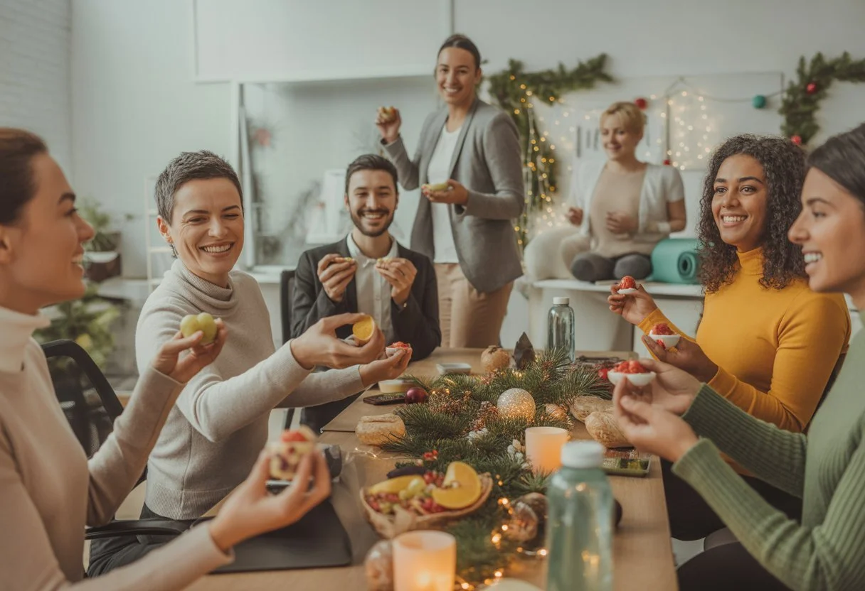 A group of office colleagues celebrating Christmas together with healthy snacks and gentle stretching in a decorated workplace.