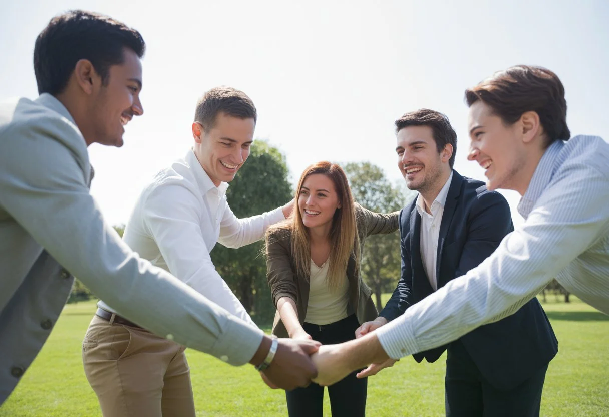 A diverse group of colleagues participating in an outdoor team building activity in a park, smiling and working together.