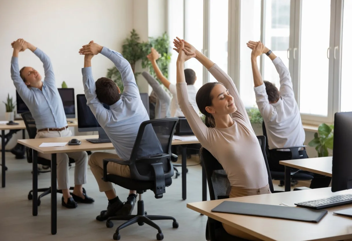 A group of office workers doing yoga stretches at their desks in a bright, modern office.