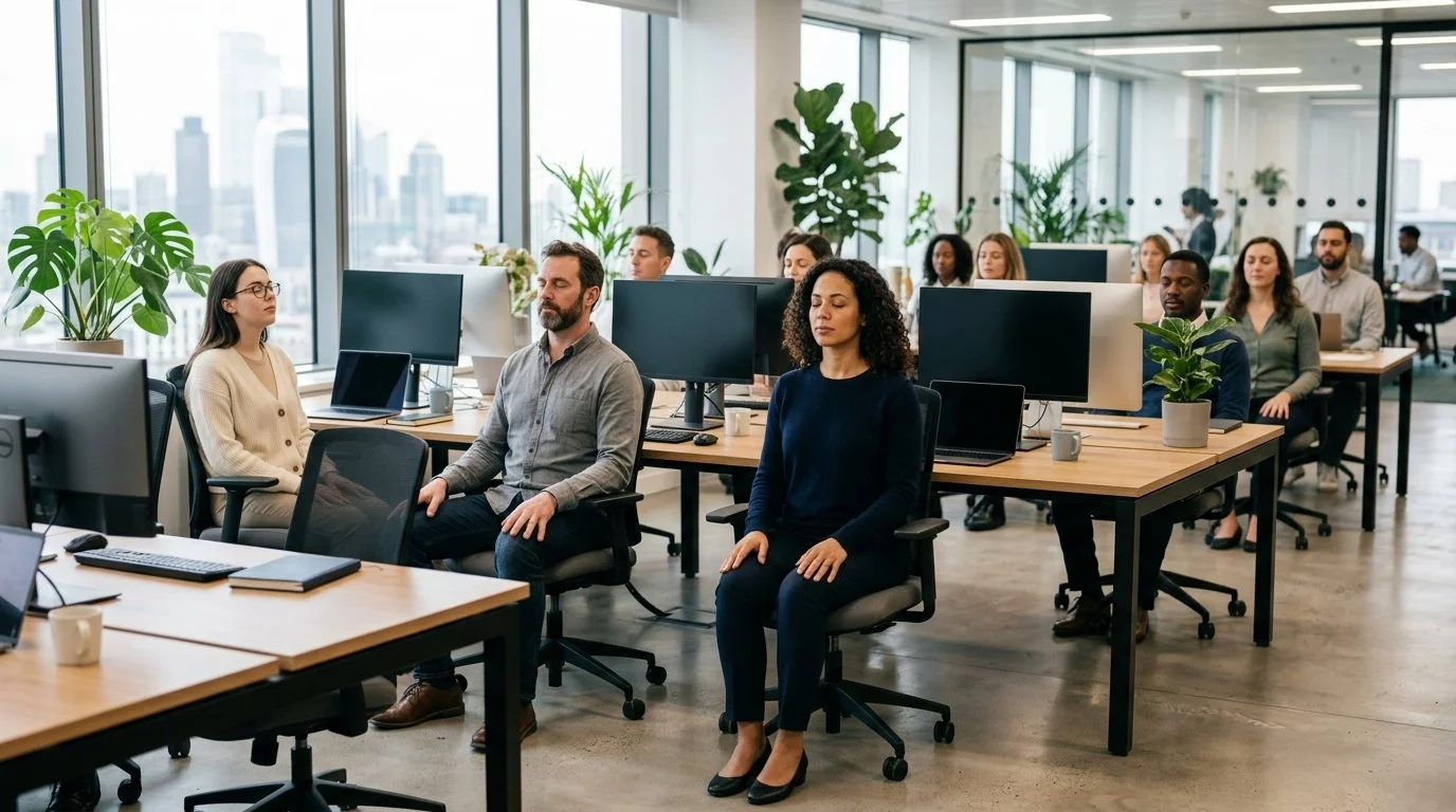 Group of office workers practicing breathwork