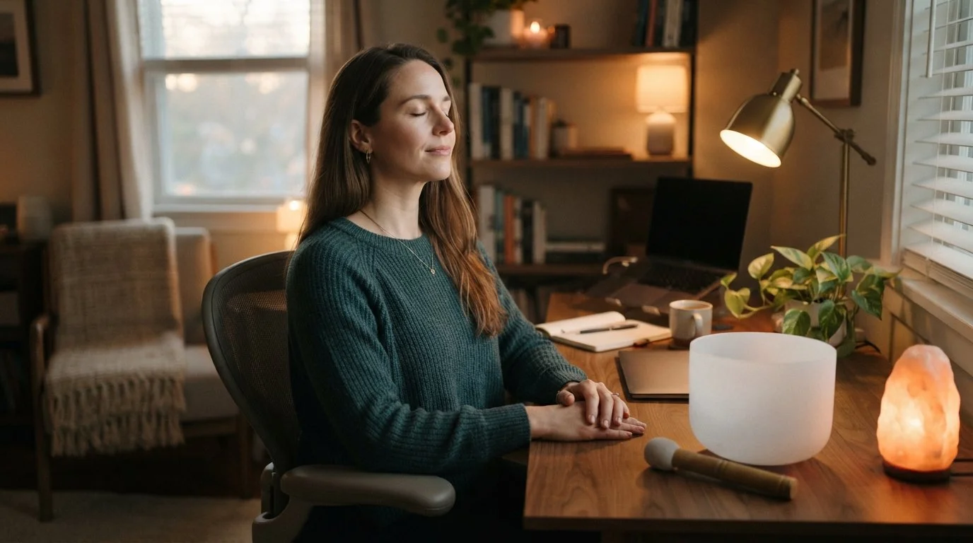 Woman meditating near a sound bath