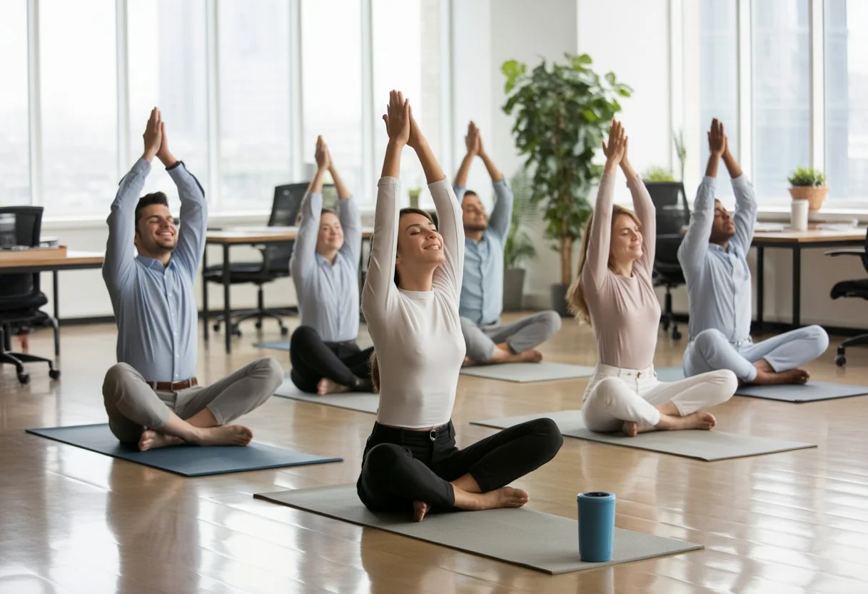 A group of office employees doing yoga poses on mats in a bright workspace with desks and plants around them.