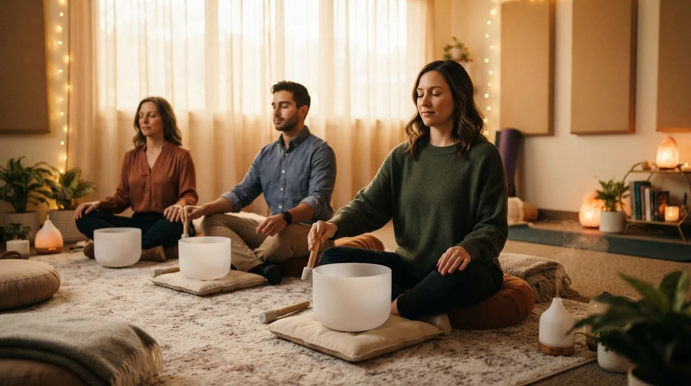people meditating with sound baths