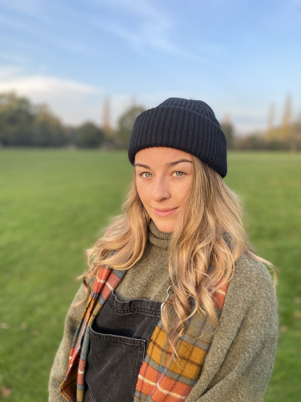 Long haired woman in beanie hat