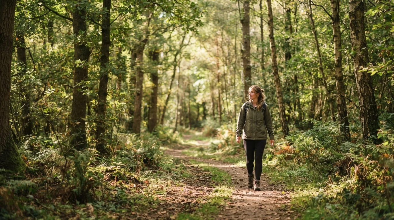 A woman walks alone along a shaded woodland trail, hands relaxed at her sides, with dappled afternoon light filtering