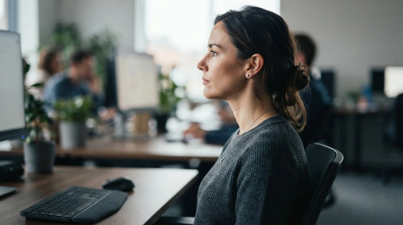 Close-up of an office worker's profile during a gentle chin tuck, with a blurred screen at eye level in the background.