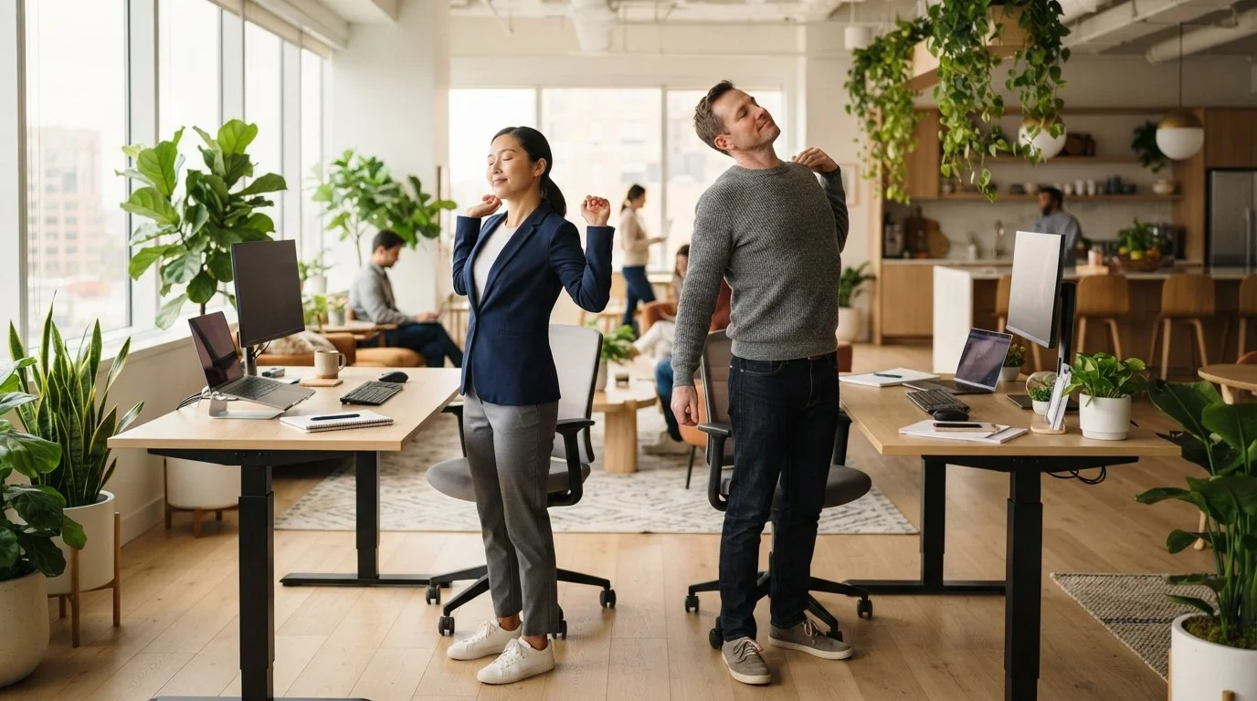 Two coworkers pause beside their desks to roll their shoulders, seen in a wide sunlit office with plants and open floor
