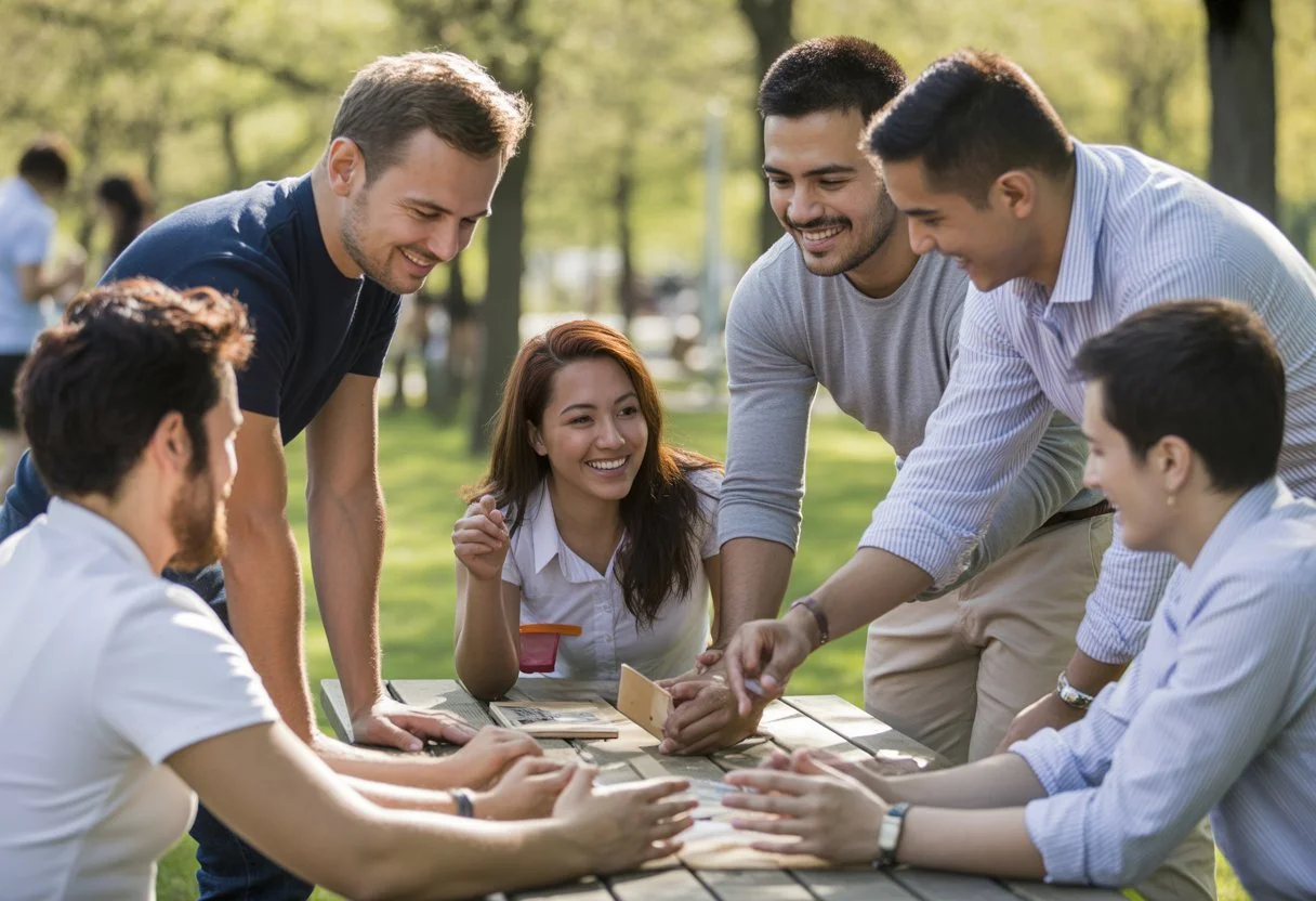 A diverse group of colleagues working together outdoors at a team building event, smiling and collaborating around a picnic table in a park.