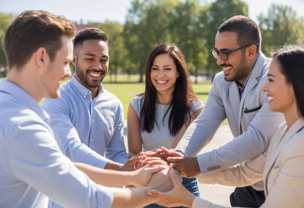A diverse group of colleagues participating in an outdoor team building activity in a park.