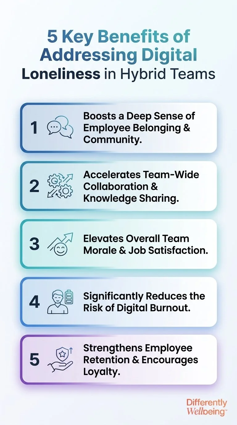 Infographic outlining 5 key benefits of addressing digital loneliness in hybrid teams.