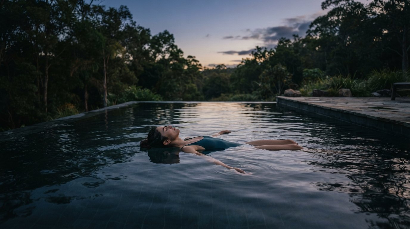 A wide view shows a person floating on their back in a still outdoor pool at dusk, surrounded by soft reflections and empty
