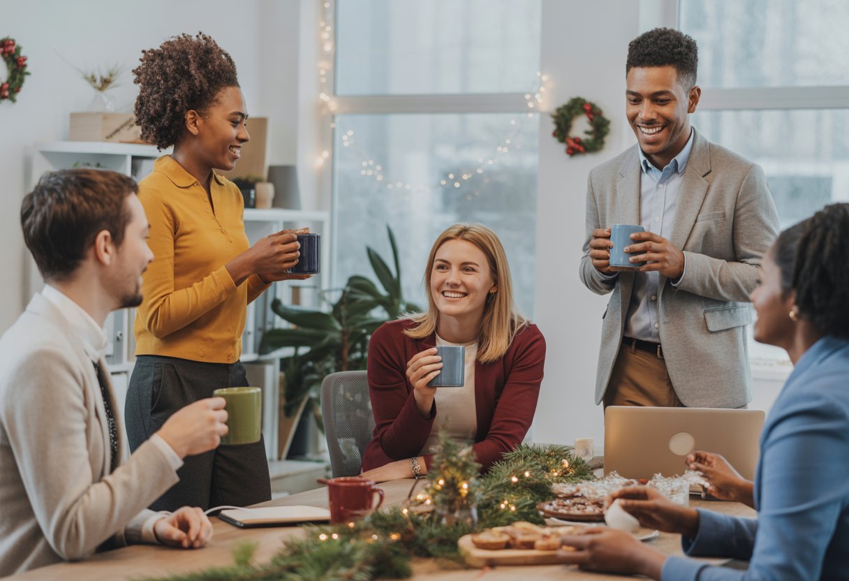 A group of office colleagues warmly interacting in a bright workspace decorated with subtle festive items, sharing drinks and snacks in a supportive atmosphere.