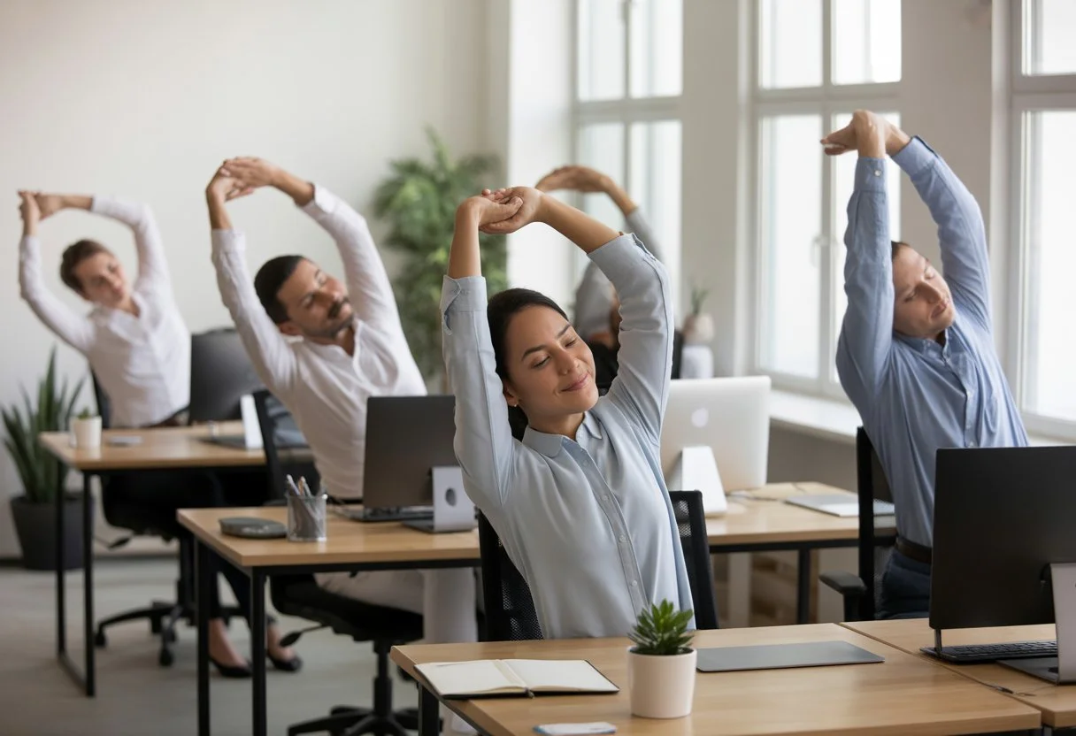 Office workers performing gentle yoga stretches at their desks in a bright, spacious workspace with natural light and plants.