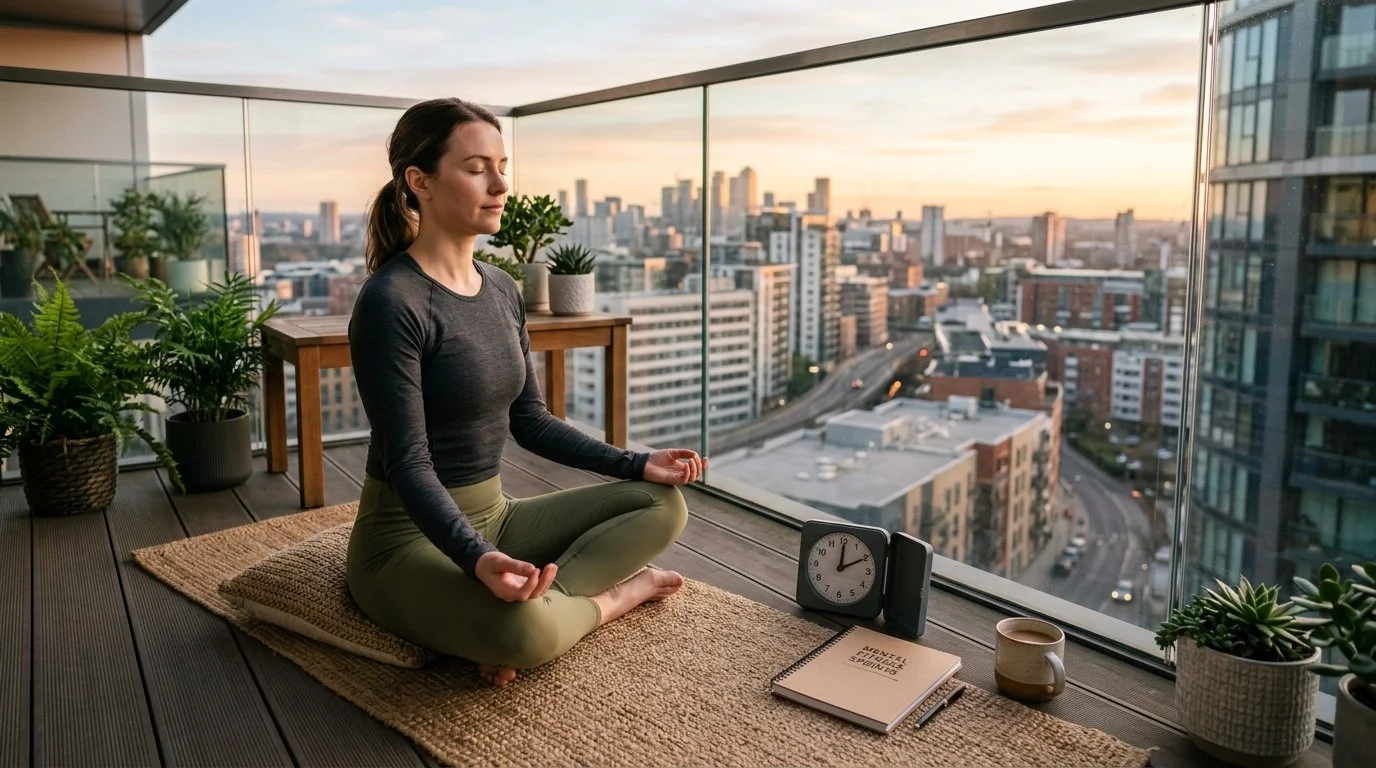 woman in peacful meditation on a balcony