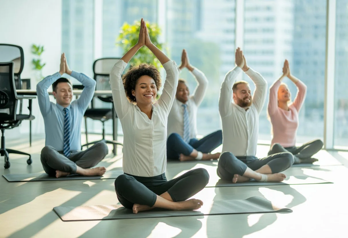 A diverse group of employees doing yoga together in a bright office space during a work break.