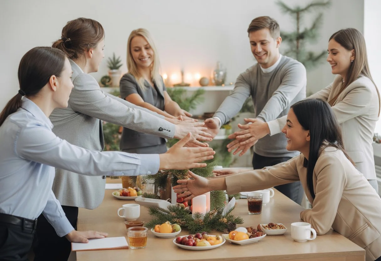 Colleagues in an office sharing healthy snacks and stretching together with subtle Christmas decorations around them.
