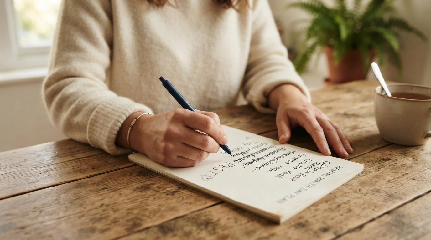 A close-up shows hands crossing out obligations on a paper list and writing rest at a quiet kitchen table.