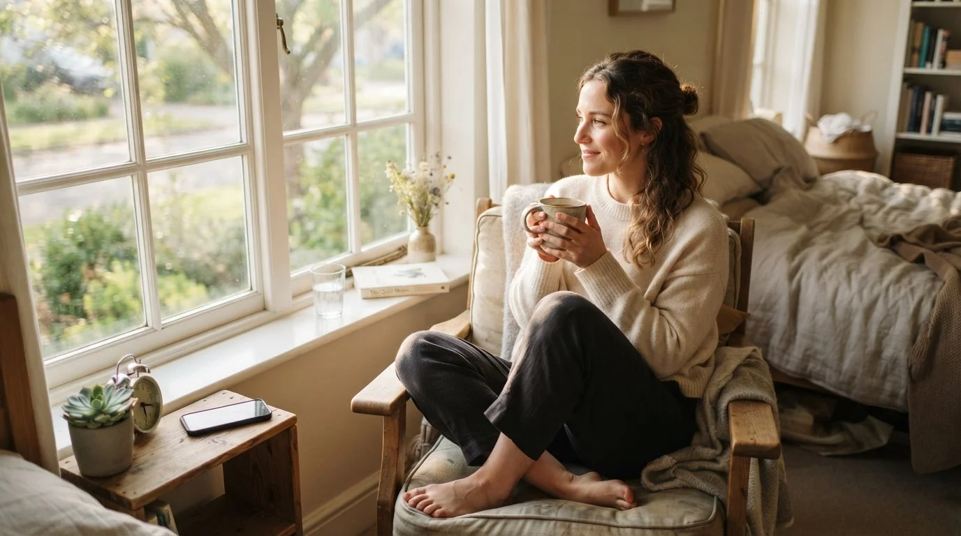 A person sits beside a sunlit bedroom window, phone switched off on a shelf, slowly sipping tea in an unhurried morning