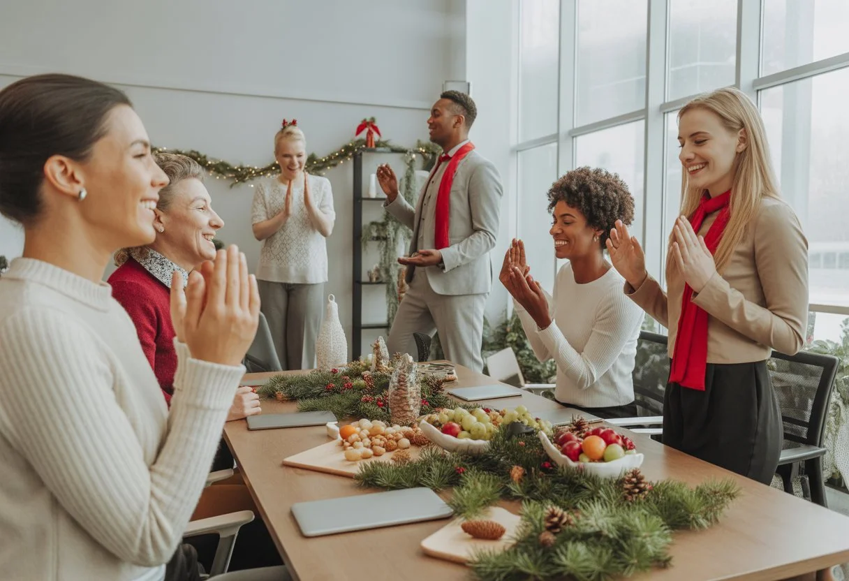 A group of office colleagues practising gentle yoga and sharing healthy snacks together in a decorated office during Christmas.