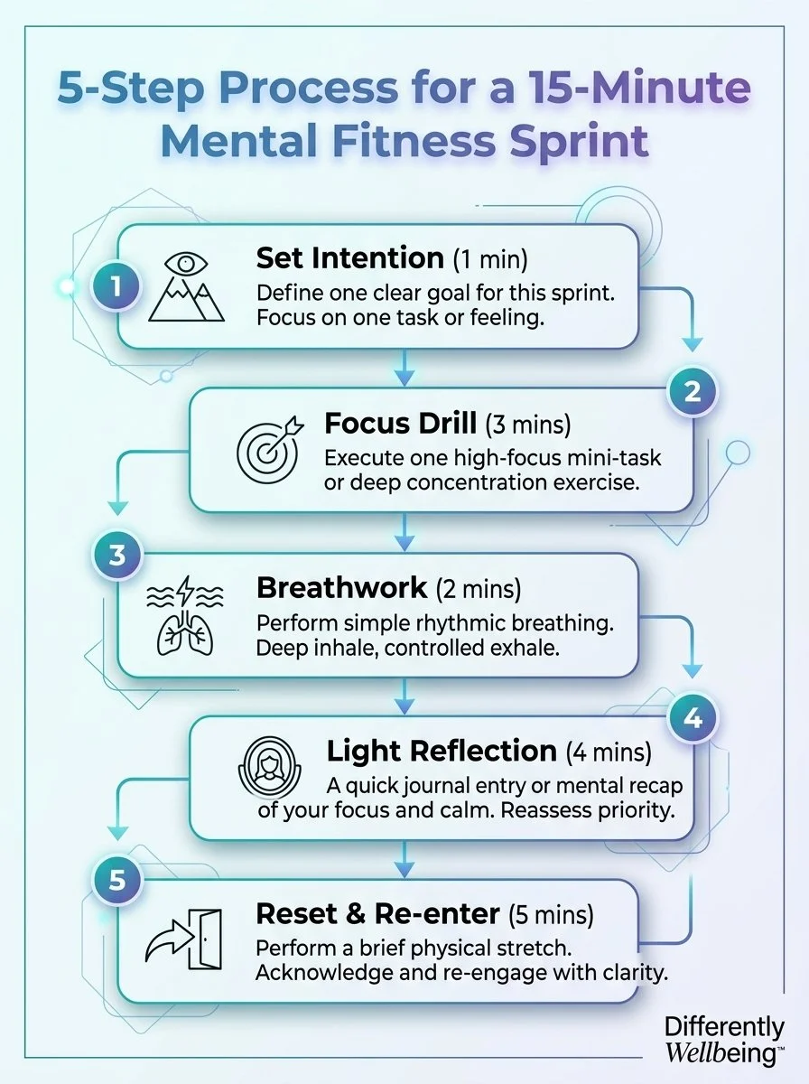 Infographic of a 5-step, 15-minute mental fitness sprint: mindset, focus, action, review, reflection.