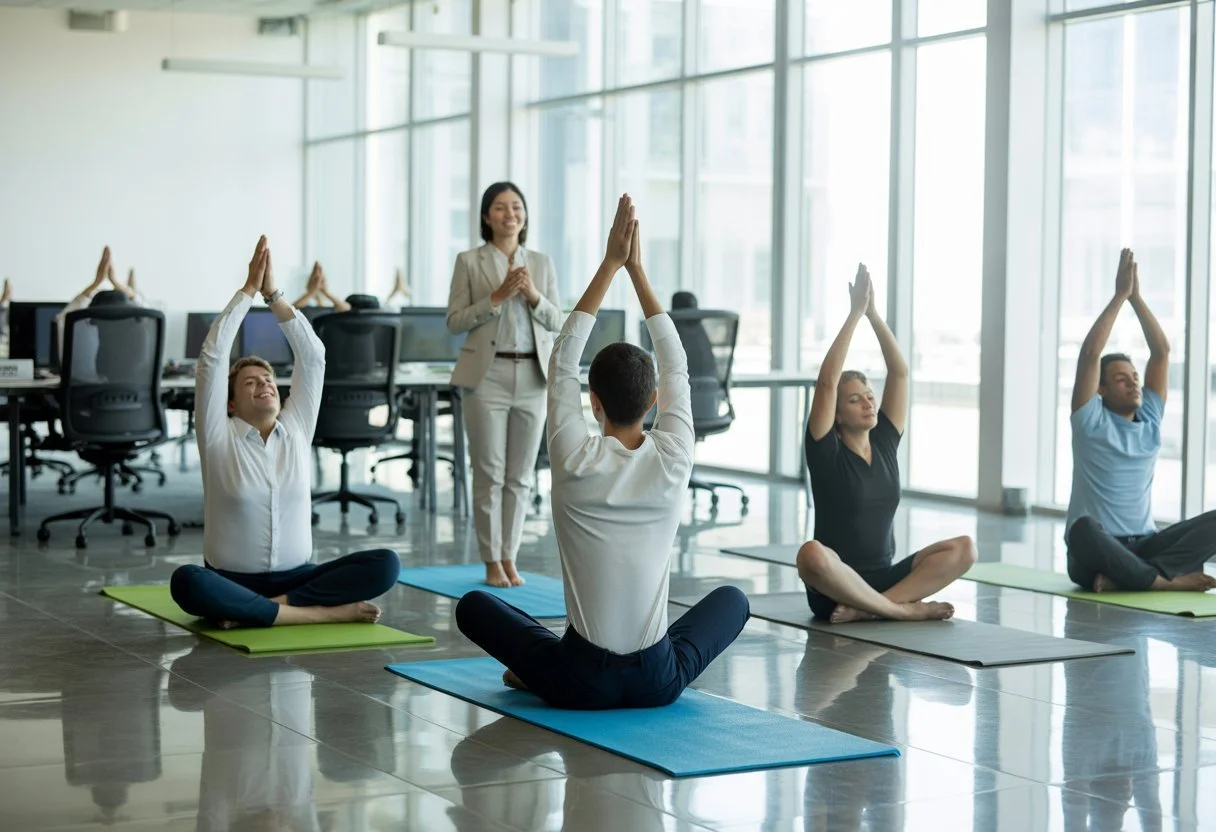 Employees practising yoga together in a bright office conference room as part of a workplace wellness programme.