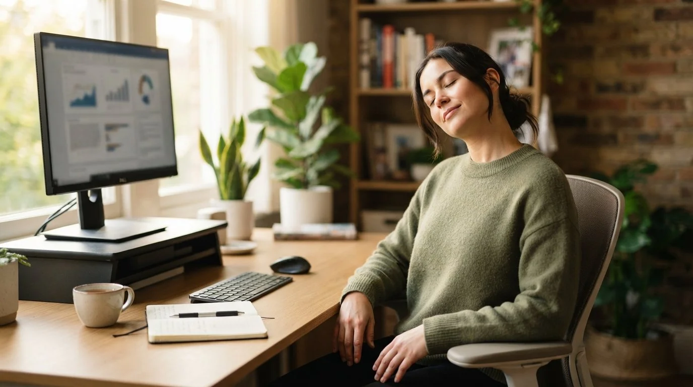 A seated office worker gently tilts her head toward one shoulder beside a raised monitor, photographed in warm morning