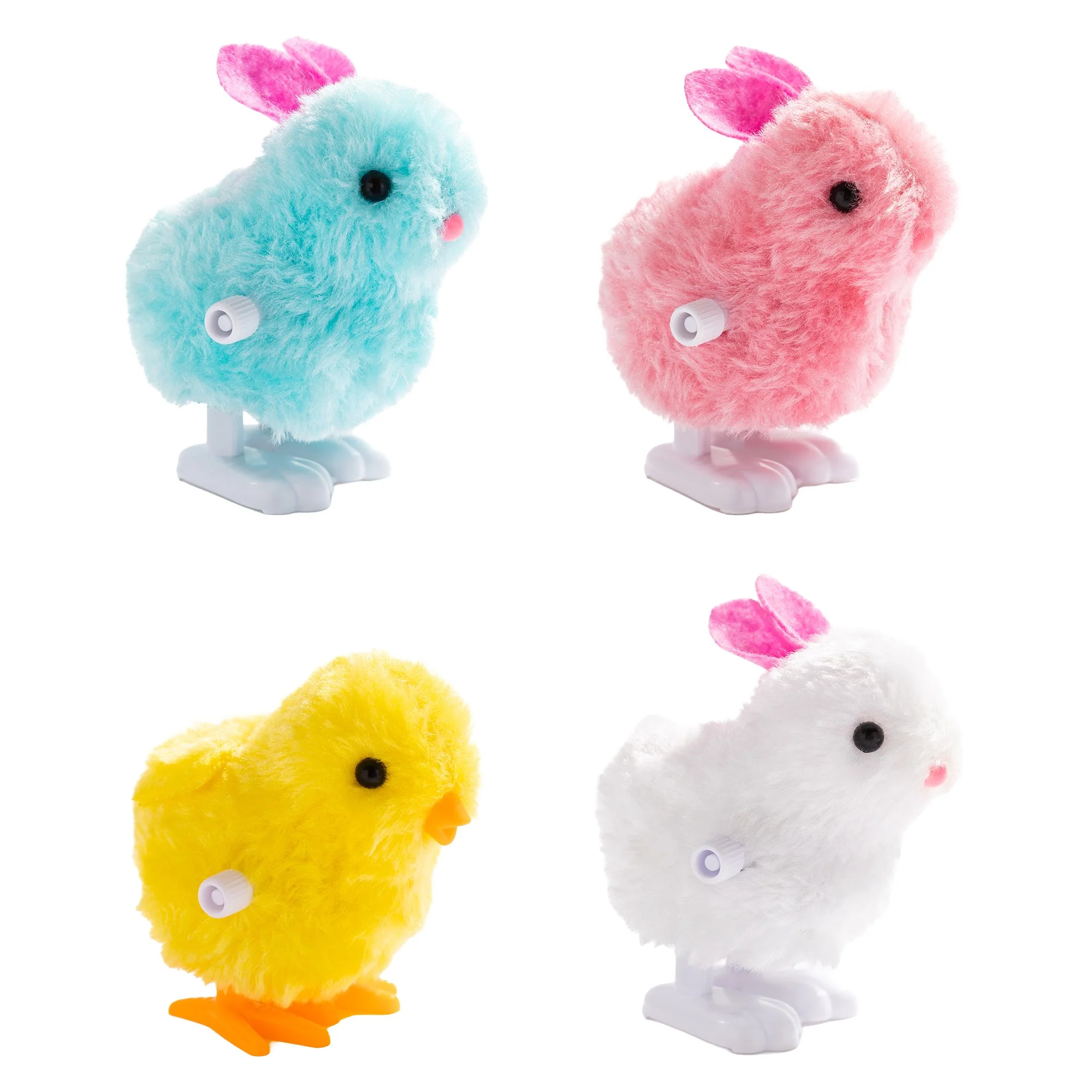 Adorable chick and bunny plush toys that hop forward with a simple wind-up motion
