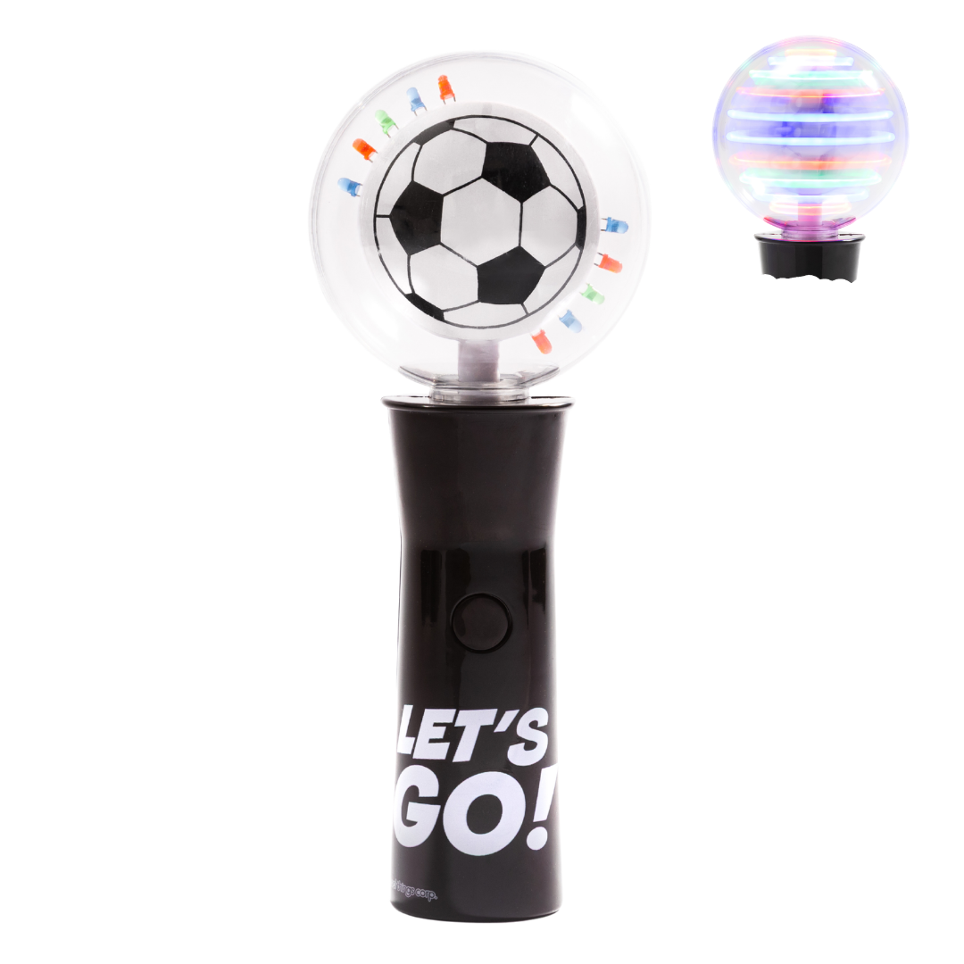 Fun Soccer-Themed Light-Up Design: Soccer ball graphics and colorful spinning LED lights add extra excitement to playtime