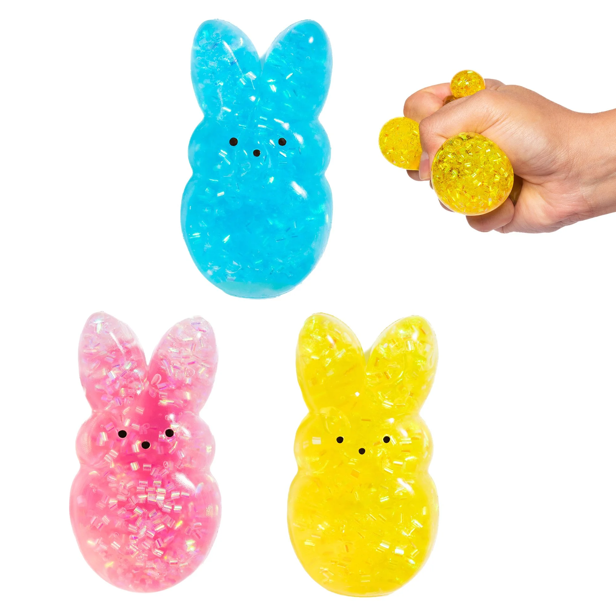 Three bunny-shaped gel squish toys in bright Easter colors