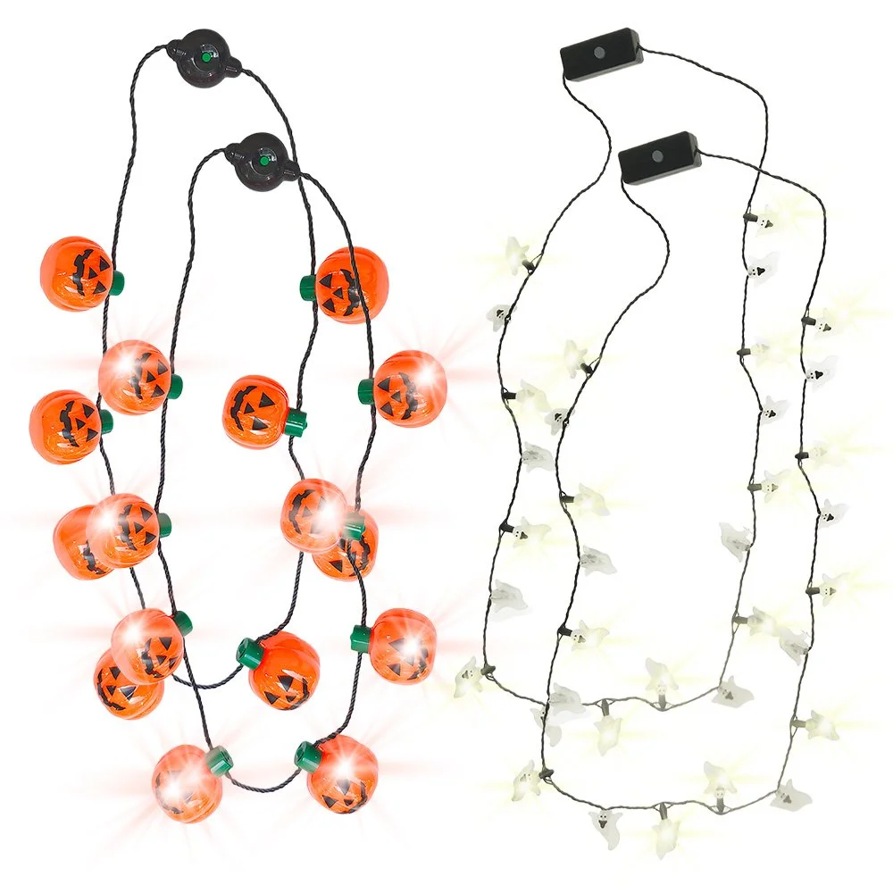 Mini & Jumbo LED Glow Necklaces with 3 Light Modes - Ghost & Jack-O'-Lantern Designs - Party Favors - Ages 3+