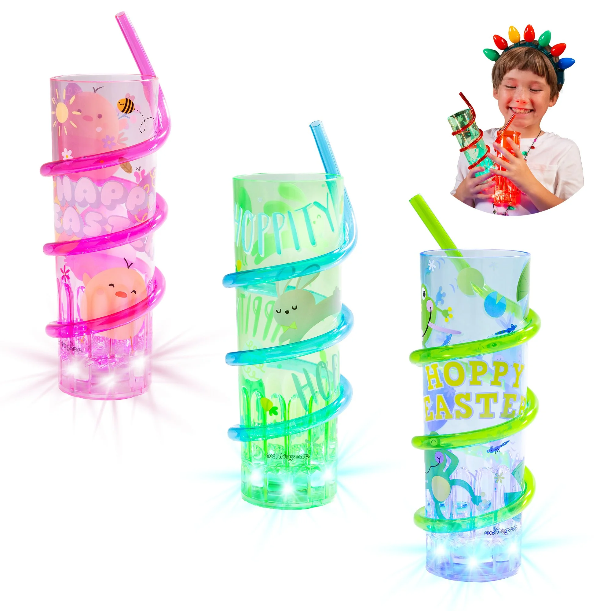 Playful glowing straw cups with sharks, adorable animals, hearts, and love-themed graphics
