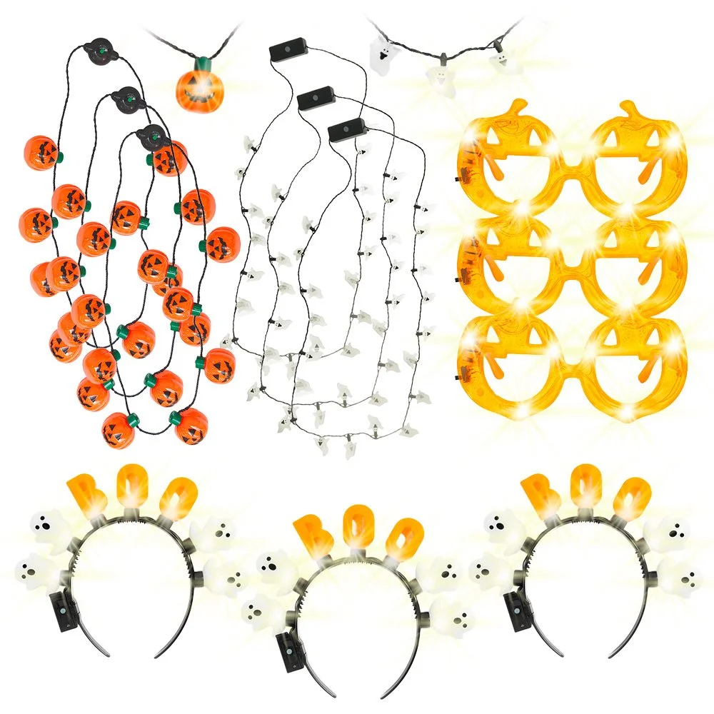 LED Necklaces, BOO Ghost Headbands & Pumpkin Glasses - Costume Accessories & Party Favors - Ages 3+