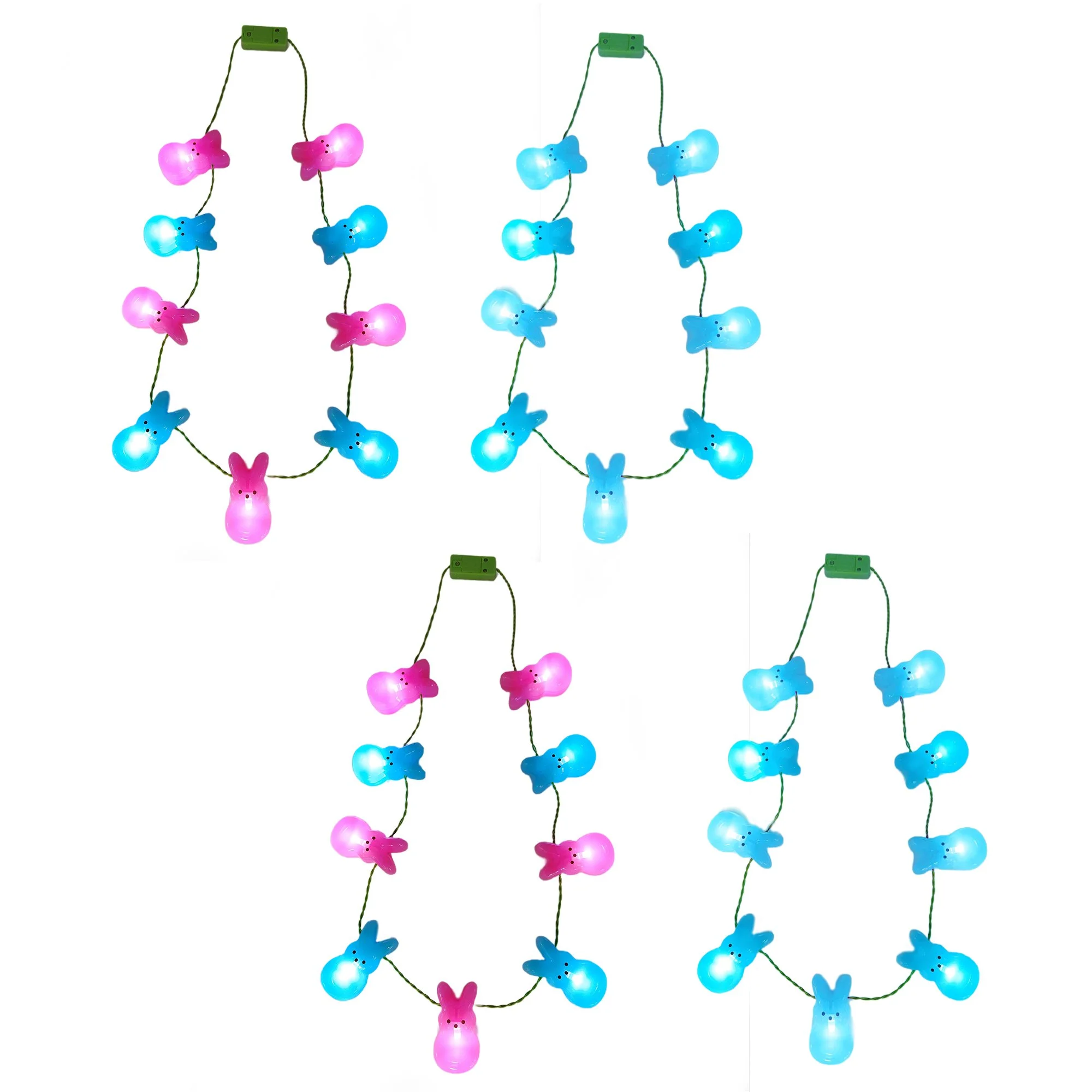 Four pastel-colored bunny-shaped LED necklaces inspired by spring and Easter themes that light up bright and playful.