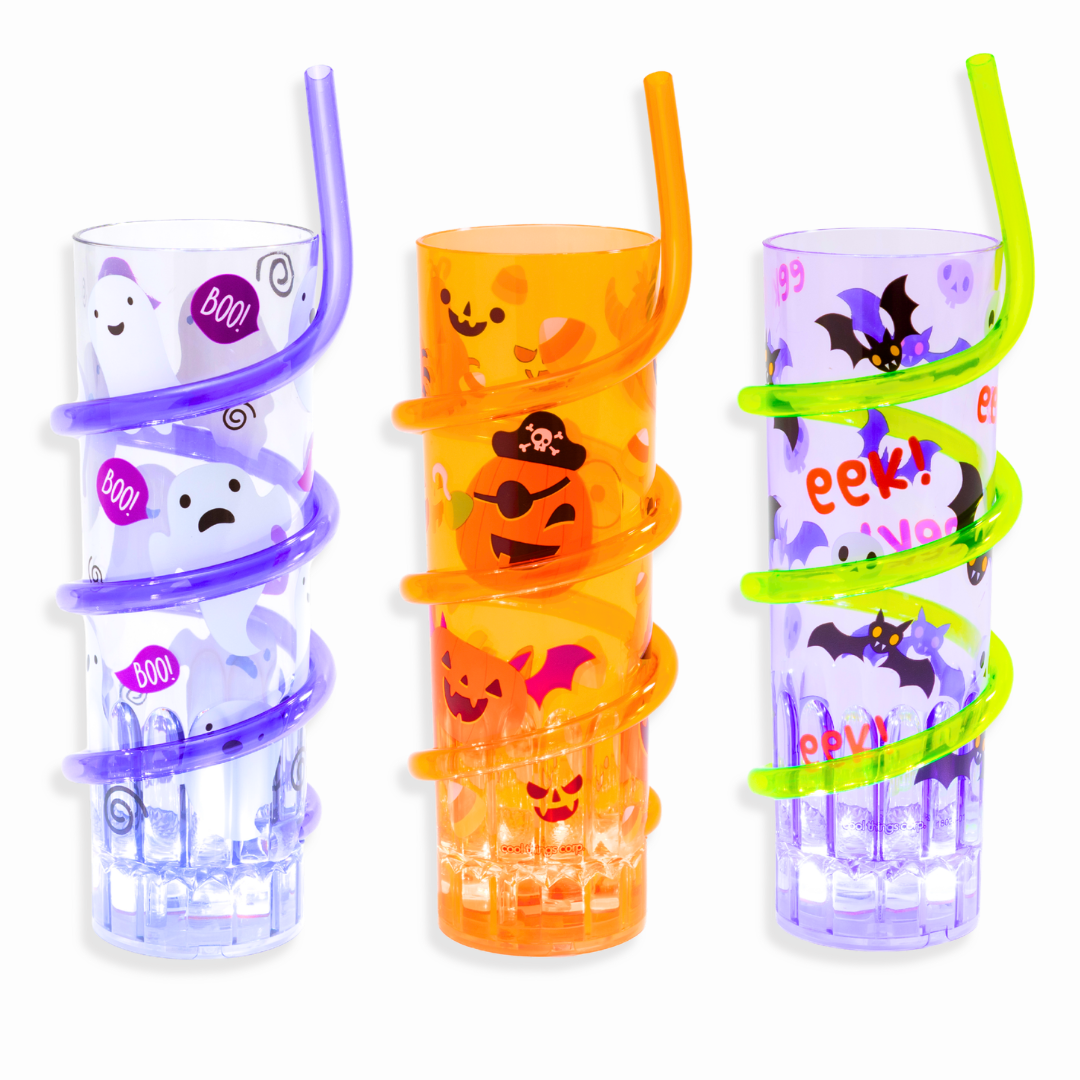 LED Reusable Party Drinkware with Straws - Pumpkin, Ghost & Bat Designs - Parties & Celebrations - Ages 3+