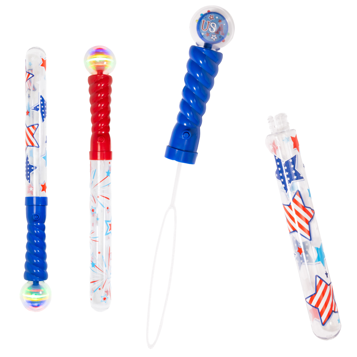 Light Up Bubble Wand Toy for Kids, LED Bubble Blower Party Favor (2-Pack) – Red & Blue Patriotic Star & Firework Designs