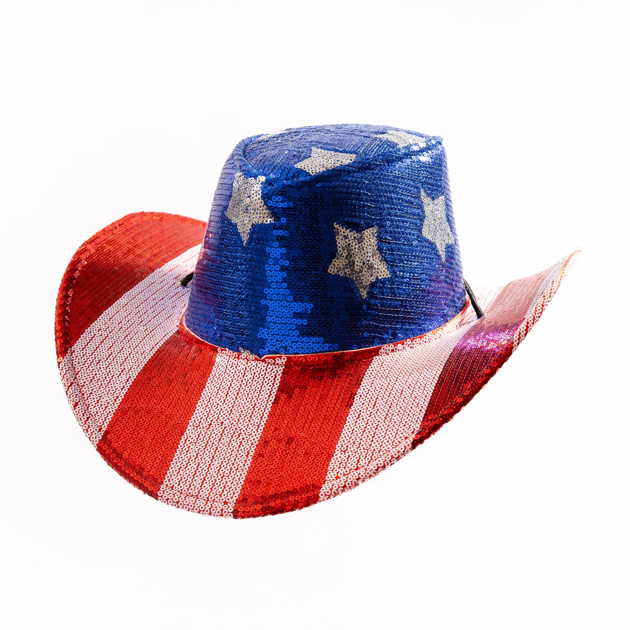 Sparkly Sequin Cowboy Hat: Eye-catching Western-style costume hat covered in shimmering sequins that reflect light for fun party outfits and photo moments