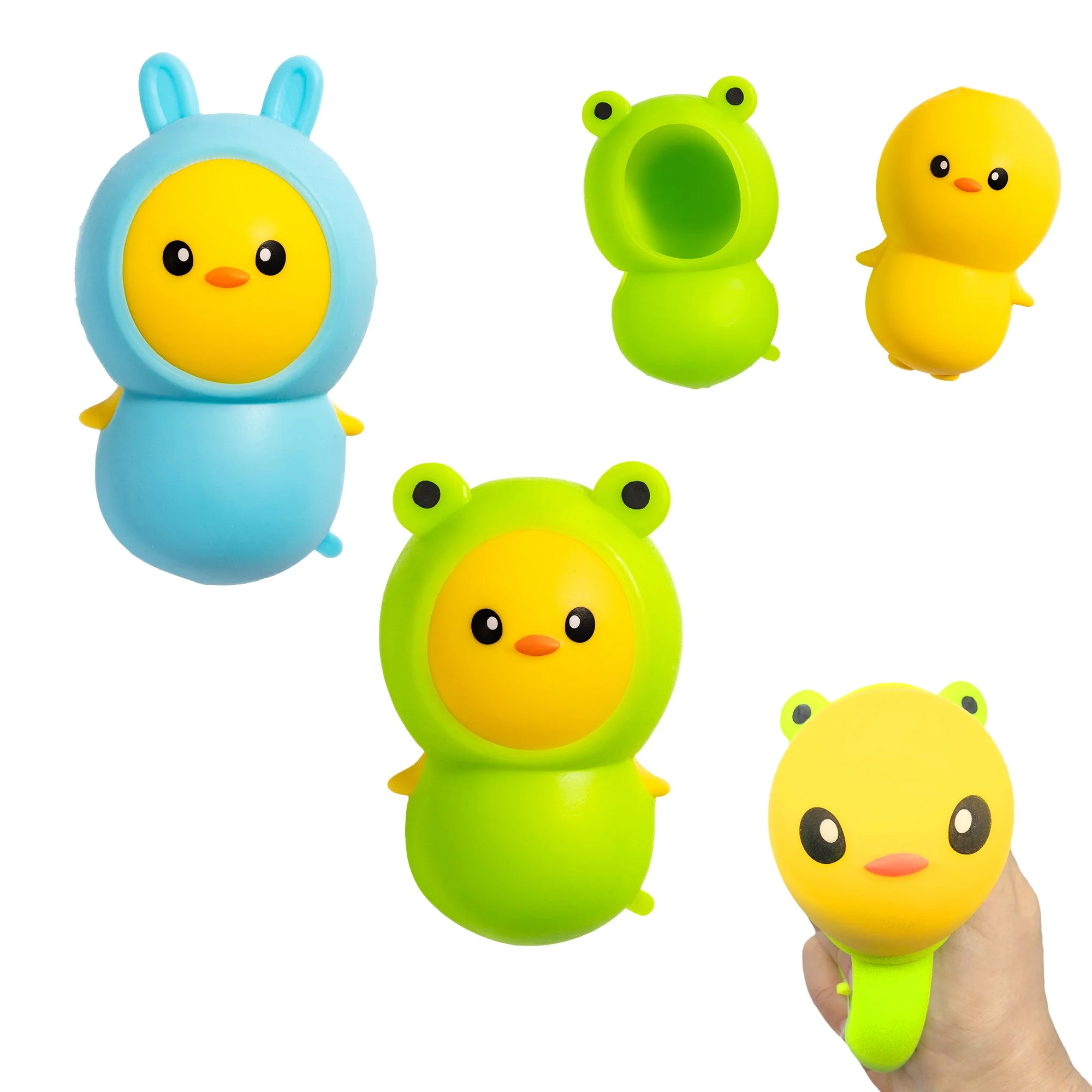 Two adorable chick puffer toys with playful costume designs for soft squeezing, stretching, and sensory play