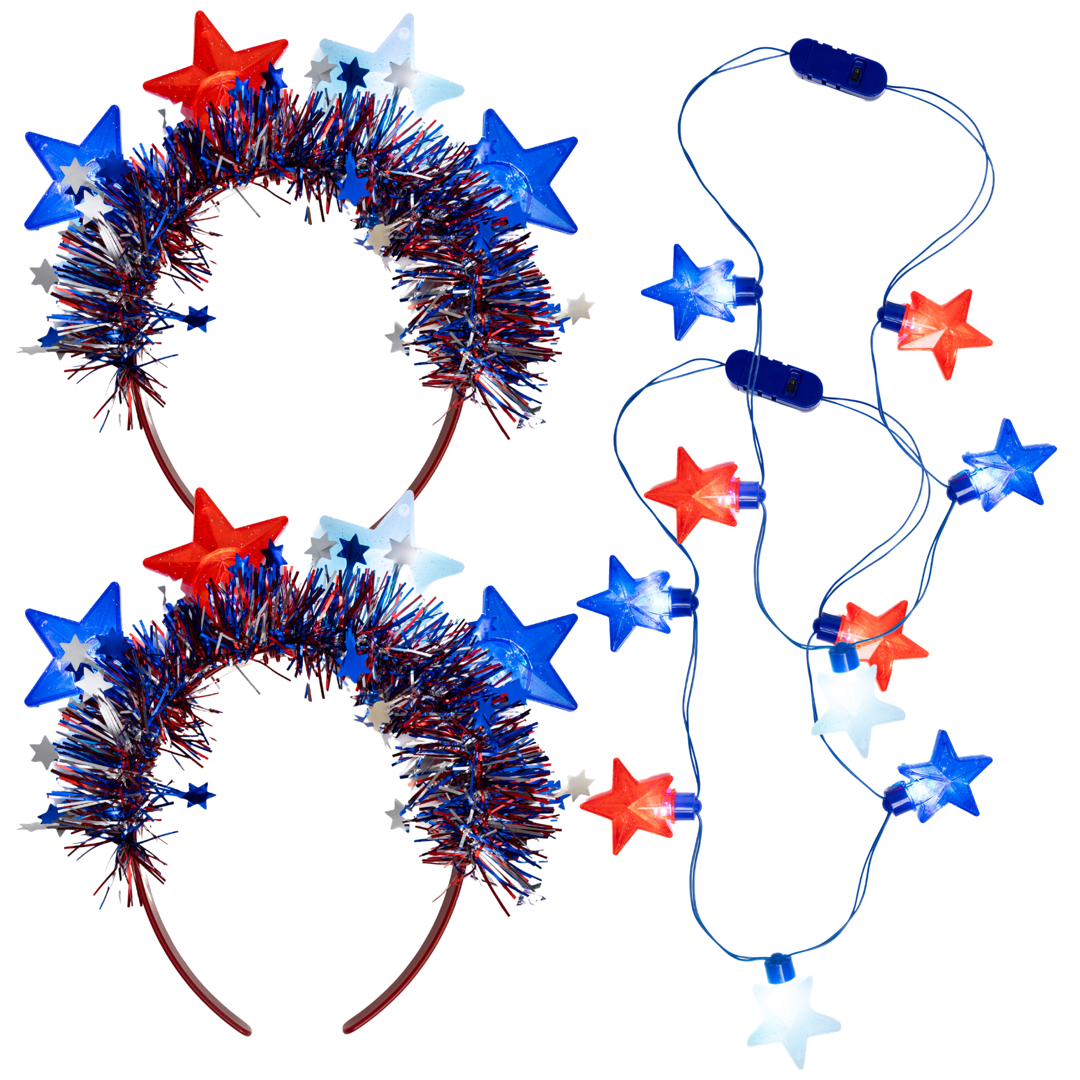 RED, WHITE & BLUE STAR DESIGNS: Includes star-shaped light-up necklaces and tinsel headbands in patriotic colors