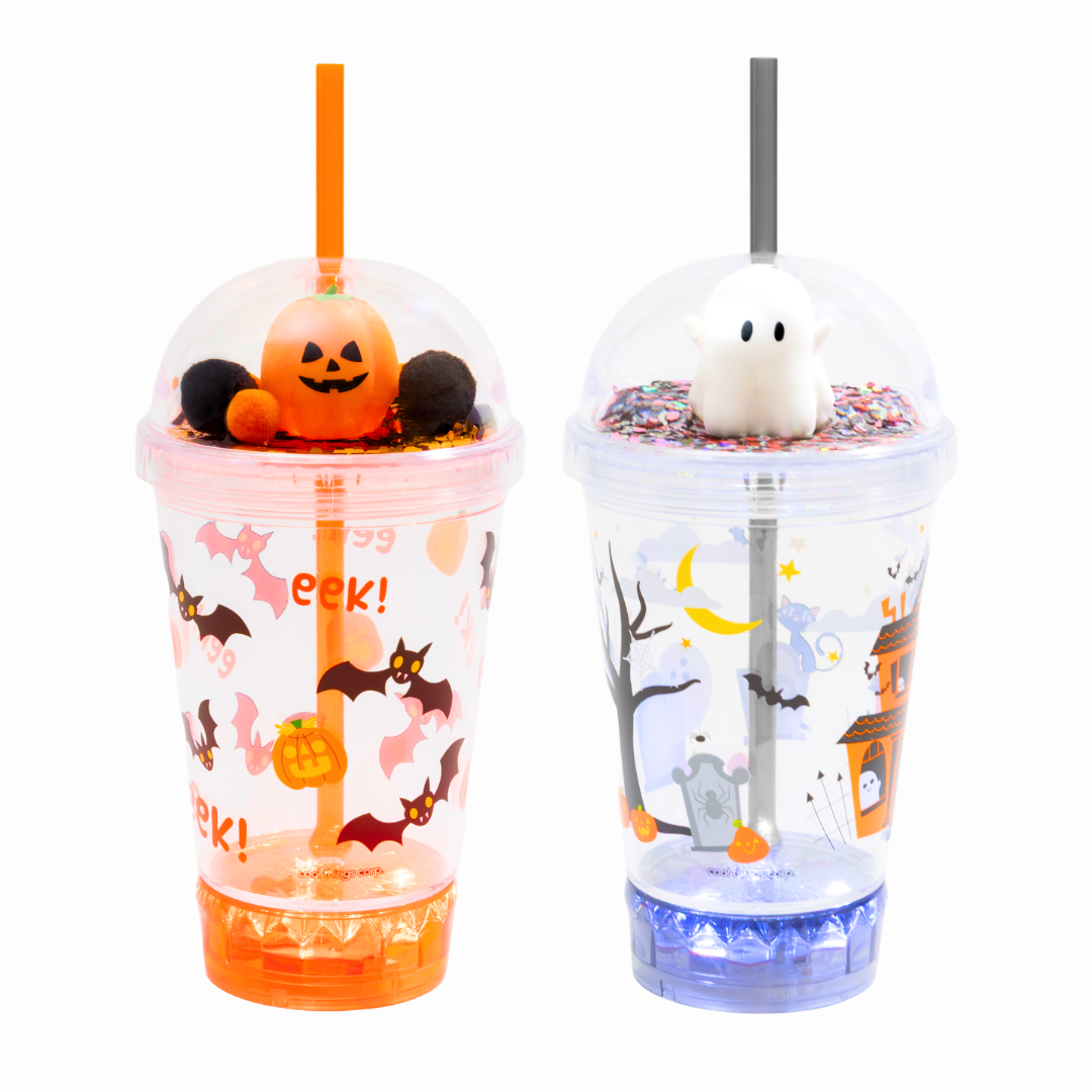 LED Reusable Party Cups with Shaker Dome Lids & Straws - Ghost & Pumpkin Designs - Boo Baskets & Parties - Ages 3+