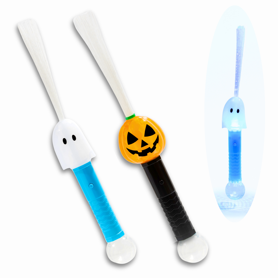 LED Glow Wands with Colorful Fiber Strands - Ghost & Pumpkin Designs - Party Toys & Favors - Ages 3+