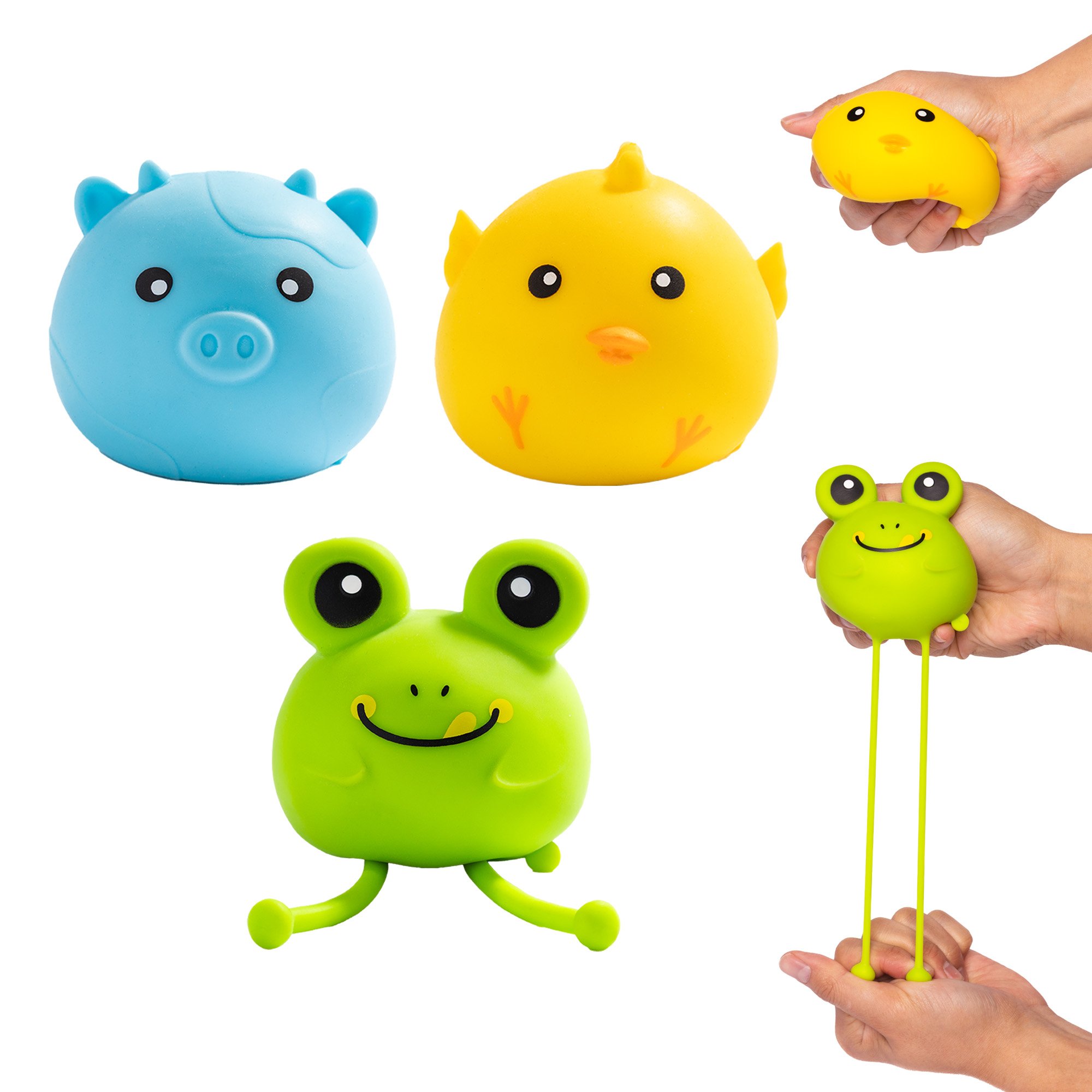 Colorful array of textured rubber toys arranged in a vertical line, with a person's hand on the right wearing a matching toy bracelet and another person's hand at the bottom holding a string of the toys.